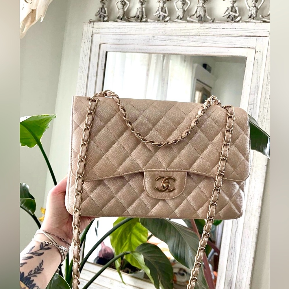 Chanel champagne irridescent caviar double flap jumbo